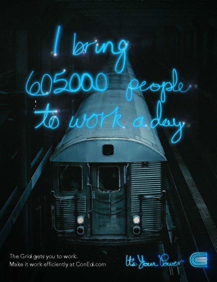 poster: i bring 605000 people to work a day, in neon over a subway car