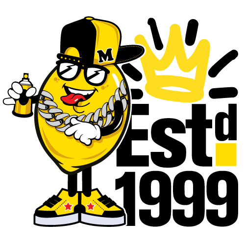 the mike's lemon mascot in a cap and gold chain