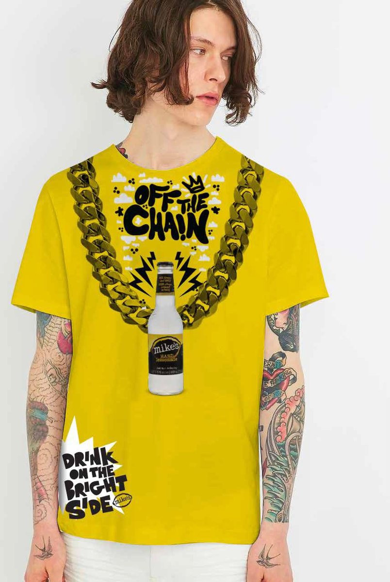 off the chain tee with a mike's bottle on a gold chain
