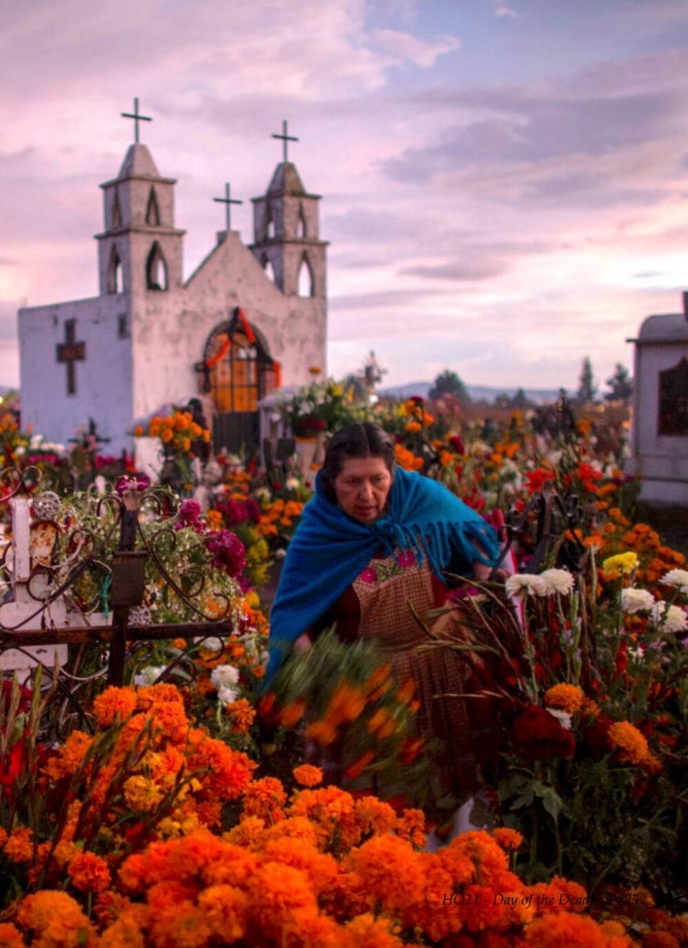 woman among marigolds in a cemetery on día de muertos
