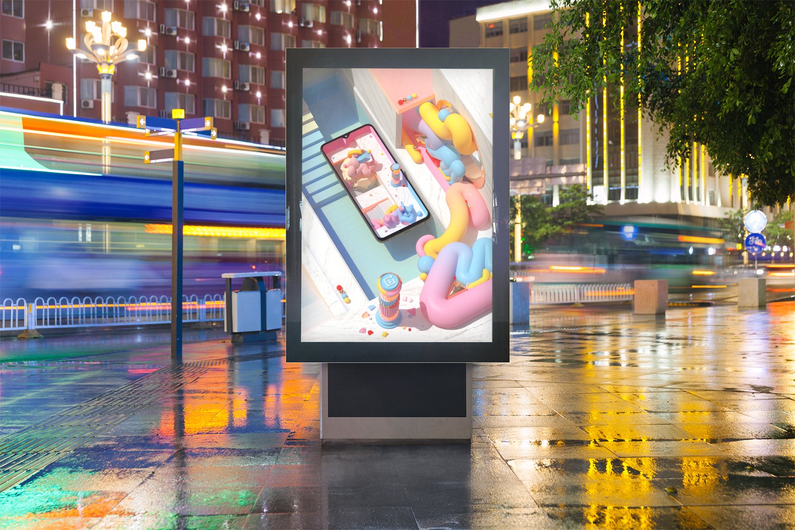 street lightbox in the rain: a oneplus phone in a soft pastel world